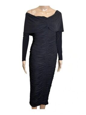 Naked Wardrobe Ruched Hourglass Long Sleeve Off the Shoulder Midi Bodycon Dress